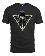 Dark Hooded Warrior Sword Fantasy Graphic Style T-shirt - black t-shirt on white background