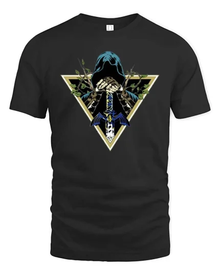 Dark Hooded Warrior Sword Fantasy Graphic Style T-shirt - black t-shirt on white background