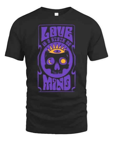 Love Is A State Of Mind Retro Psychedelic Skull Graphic T-shirt - black t-shirt on white background