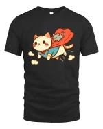 Cute Superhero Cat Cartoon Funny Animal Graphic T-shirt - black t-shirt on white background