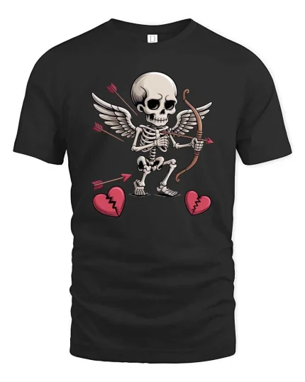 Cupid Skeleton Funny Valentine Humor Graphic Love T-shirt - black t-shirt on white background