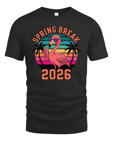 Spring Break 2026 Flamingo Retro Vacation Party Graphic T-shirt - black t-shirt on white background