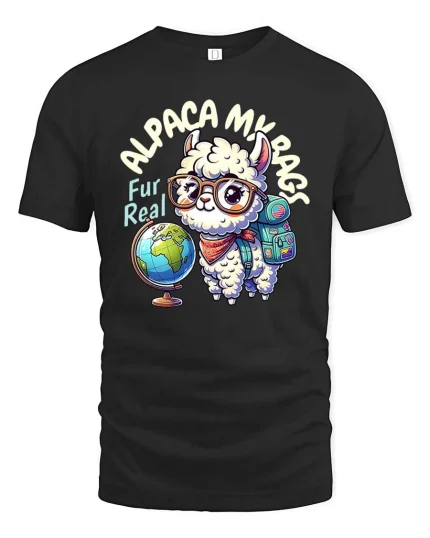 Alpaca My Bags Cute Travel Lover Funny Animal Graphic T-shirt - black t-shirt on white background