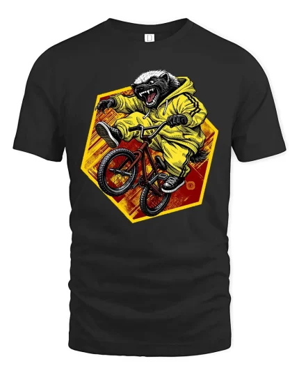Angry Honey Badger BMX Rider Extreme Animal Graphic T-shirt - black t-shirt on white background