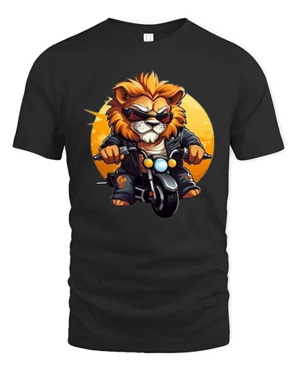 Cool Lion Biker Graphic Motorcycle Rider Animal T-shirt - black t-shirt on white background