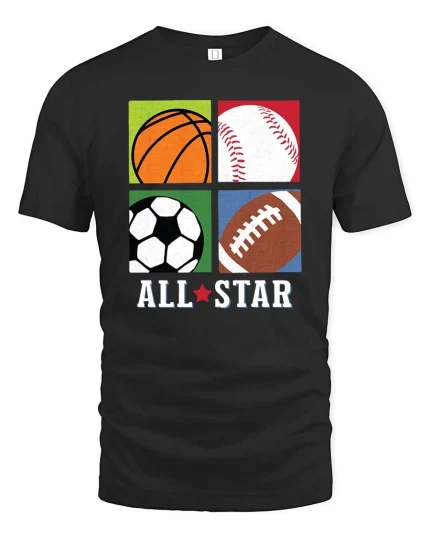 All Star Sports Balls Graphic Athlete Fan Favorite T-shirt - black t-shirt on white background