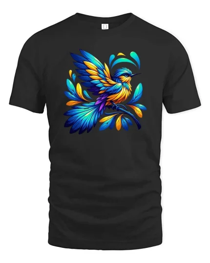 Colorful Hummingbird Artistic Nature Lover Graphic T-shirt - black t-shirt on white background