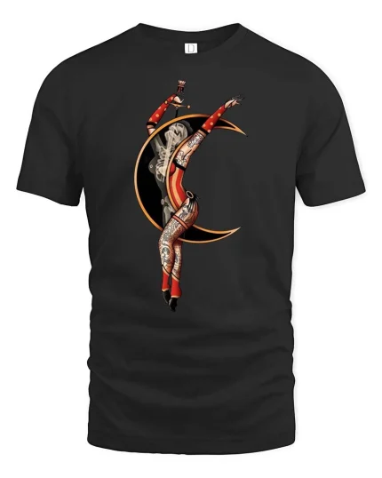 Vintage Circus Acrobat Moon Artistic Performer Graphic T-shirt - black t-shirt on white background