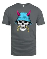 Skull Bucket Hat Street Style Graphic Edgy Art T-shirt - gray t-shirt on white background