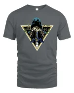 Dark Hooded Warrior Sword Fantasy Graphic Style T-shirt - gray t-shirt on white background
