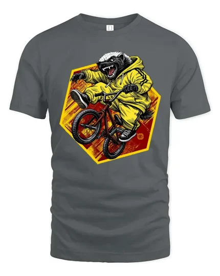 Angry Honey Badger BMX Rider Extreme Animal Graphic T-shirt - gray t-shirt on white background