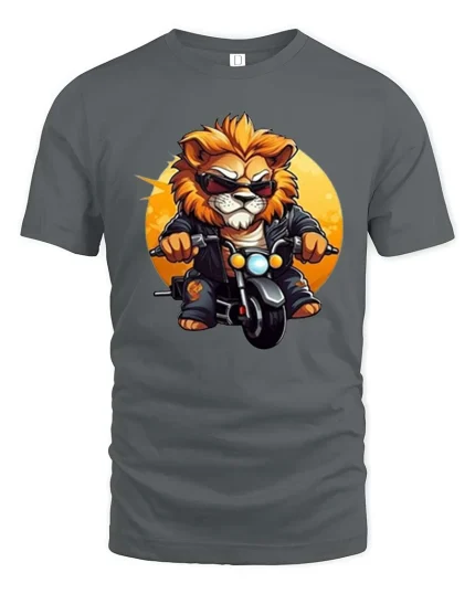 Cool Lion Biker Graphic Motorcycle Rider Animal T-shirt - gray t-shirt on white background