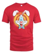 Funny Cartoon Bunny Retro Style Happy Character Graphic T-shirt - red t-shirt on white background