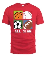 All Star Sports Balls Graphic Athlete Fan Favorite T-shirt - red t-shirt on white background
