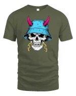 Skull Bucket Hat Street Style Graphic Edgy Art T-shirt - military green t-shirt on white background