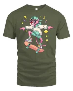 Cool Pink Panther Skateboard Street Style Graphic T-shirt - military green t-shirt on white background