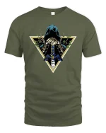 Dark Hooded Warrior Sword Fantasy Graphic Style T-shirt - military green t-shirt on white background
