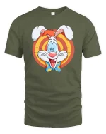 Funny Cartoon Bunny Retro Style Happy Character Graphic T-shirt - military green t-shirt on white background