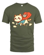 Cute Superhero Cat Cartoon Funny Animal Graphic T-shirt - military green t-shirt on white background