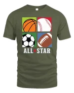 All Star Sports Balls Graphic Athlete Fan Favorite T-shirt - military green t-shirt on white background
