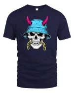 Skull Bucket Hat Street Style Graphic Edgy Art T-shirt - navy t-shirt on white background