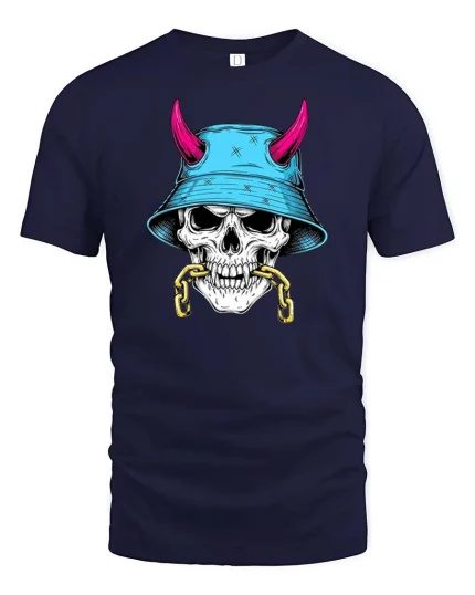 Skull Bucket Hat Street Style Graphic Edgy Art T-shirt - navy t-shirt on white background