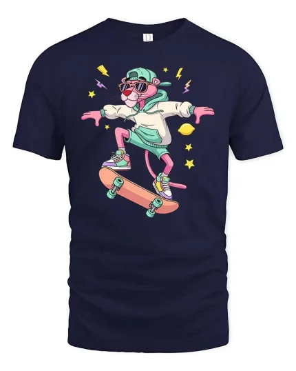 Cool Pink Panther Skateboard Street Style Graphic T-shirt - navy t-shirt on white background