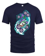 Mystic Koi Fish Floral Artistic Japanese Style Graphic T-shirt - navy t-shirt on white background