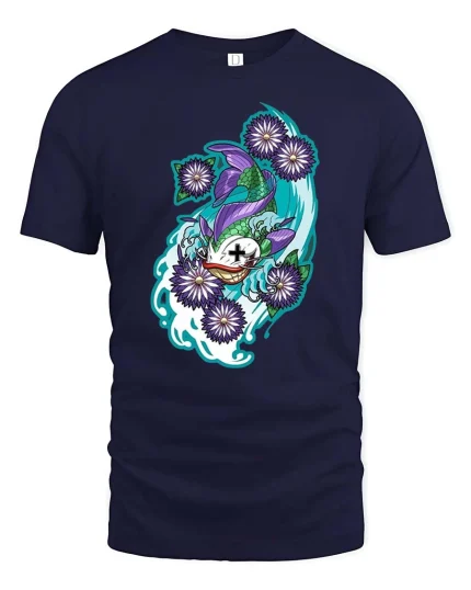 Mystic Koi Fish Floral Artistic Japanese Style Graphic T-shirt - navy t-shirt on white background