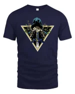 Dark Hooded Warrior Sword Fantasy Graphic Style T-shirt - navy t-shirt on white background