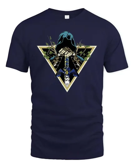 Dark Hooded Warrior Sword Fantasy Graphic Style T-shirt - navy t-shirt on white background