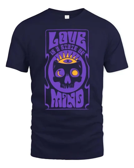 Love Is A State Of Mind Retro Psychedelic Skull Graphic T-shirt - navy t-shirt on white background