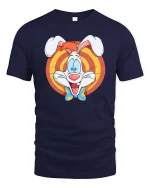Funny Cartoon Bunny Retro Style Happy Character Graphic T-shirt - navy t-shirt on white background