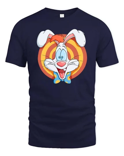 Funny Cartoon Bunny Retro Style Happy Character Graphic T-shirt - navy t-shirt on white background