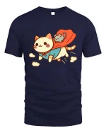 Cute Superhero Cat Cartoon Funny Animal Graphic T-shirt - navy t-shirt on white background