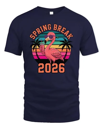 Spring Break 2026 Flamingo Retro Vacation Party Graphic T-shirt - navy t-shirt on white background