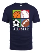 All Star Sports Balls Graphic Athlete Fan Favorite T-shirt - navy t-shirt on white background