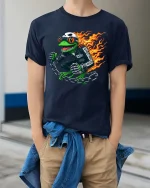 Flaming Frog Biker Graphic Cool Motorcycle Rider Animal T-shirt - model wearing navy tee with hands in pockets
