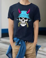 Skull Bucket Hat Street Style Graphic Edgy Art T-shirt - model wearing navy tee with hands in pockets