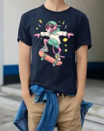 Cool Pink Panther Skateboard Street Style Graphic T-shirt - model wearing navy tee with hands in pockets