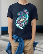 Mystic Koi Fish Floral Artistic Japanese Style Graphic T-shirt - model wearing navy tee with hands in pockets