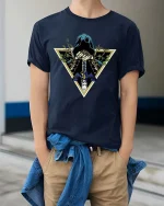 Dark Hooded Warrior Sword Fantasy Graphic Style T-shirt - model wearing navy tee with hands in pockets