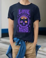 Love Is A State Of Mind Retro Psychedelic Skull Graphic T-shirt - model wearing navy tee with hands in pockets