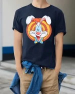 Funny Cartoon Bunny Retro Style Happy Character Graphic T-shirt - model wearing navy tee with hands in pockets