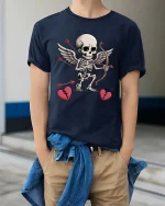 Cupid Skeleton Funny Valentine Humor Graphic Love T-shirt - model wearing navy tee with hands in pockets