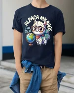 Alpaca My Bags Cute Travel Lover Funny Animal Graphic T-shirt - model wearing navy tee with hands in pockets