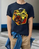 Angry Honey Badger BMX Rider Extreme Animal Graphic T-shirt - model wearing navy tee with hands in pockets