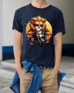 Cool Lion Biker Graphic Motorcycle Rider Animal T-shirt - model wearing navy tee with hands in pockets