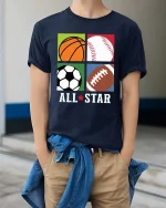All Star Sports Balls Graphic Athlete Fan Favorite T-shirt - model wearing navy tee with hands in pockets