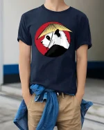 Japanese Style Panda Samurai Artistic Graphic Animal T-shirt - model wearing navy tee with hands in pockets
